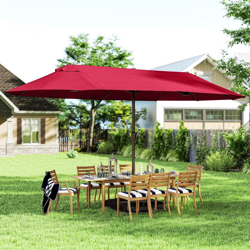 Outsunny 15' Outdoor Patio Umbrella with Twin Canopy Sunshade Steel Table Umbrella with Lift Crank, Cross base, Sandbag, Wine Red
