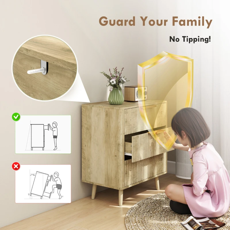 HOMCOM Fluted Chest of Drawers, Modern 3 Drawer Dresser with Pine Wood Legs, Finger Pulls for Closet, Living Room, Hallway, Oak