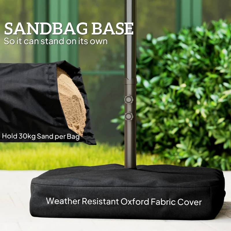 Outsunny 15' Outdoor Patio Umbrella with Twin Canopy Sunshade Steel Table Umbrella with Lift Crank, Cross base, Sandbag, Dark Grey