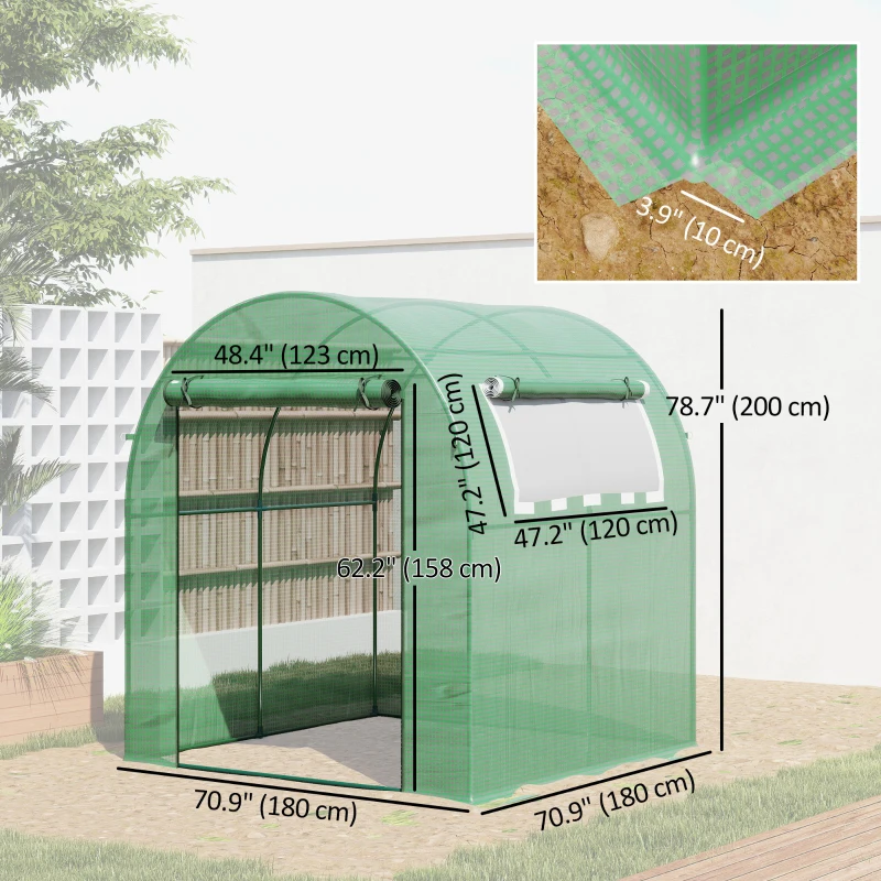 Outsunny 6' x 6' x 6.6' Walk-in Greenhouse, Tunnel Green House with Zippered Door, Roll-up Window, PE Cover, Steel Frame, Green