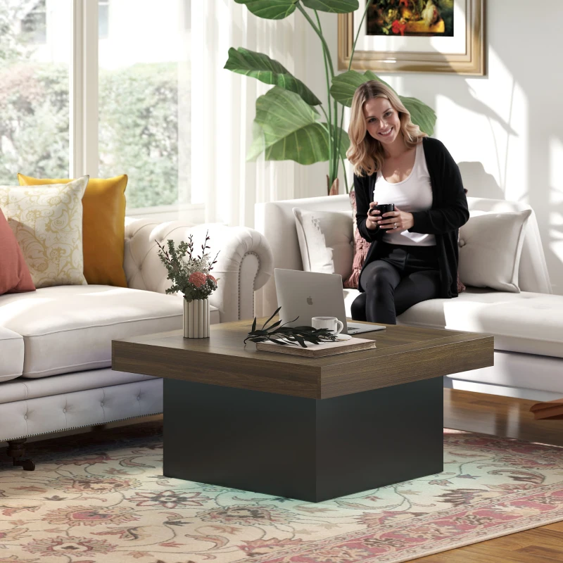 HOMCOM Square Coffee Table with 16-Colour LED Lights, 35-inch Modern Center Table for Living Room, Walnut