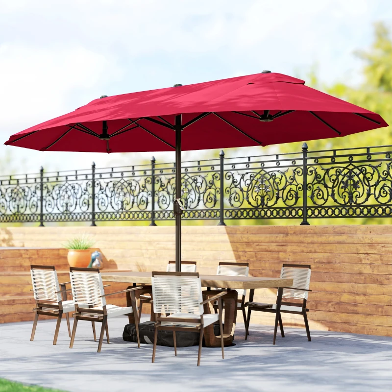 Outsunny 15' Outdoor Patio Umbrella with Twin Canopy Sunshade Steel Table Umbrella with Lift Crank, Cross base, Sandbag, Wine Red