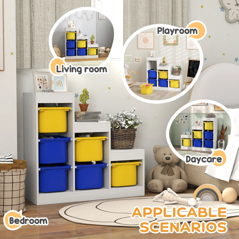 Qaba 3 Layers Toy Storage Organizer Kids Bookshelf Children Toy Storage w/ 6 Plastic Bins, Yellow & Blue