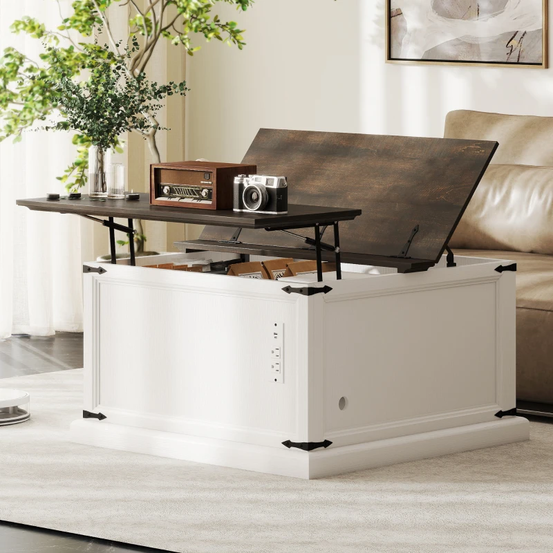 HOMCOM Lift Top Coffee Table with Charging Station, Square Farmhouse Center Table with Hidden Storage, White Wood Grain