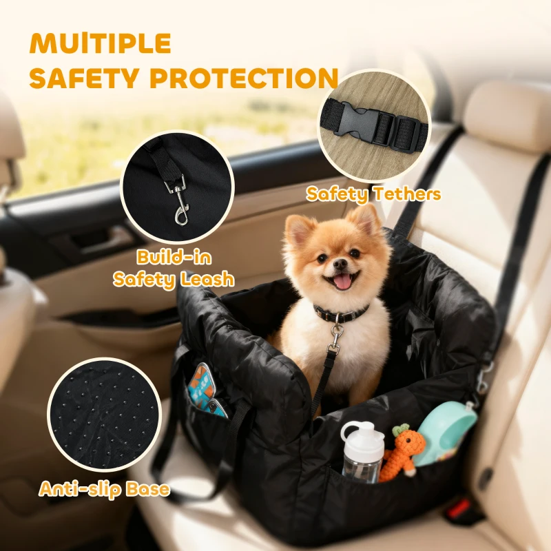 PawHut Dog Car Seat for Small Pets, Dog Booster Car Seat with Cushion and Storage Pockets, Machine Washable, Black