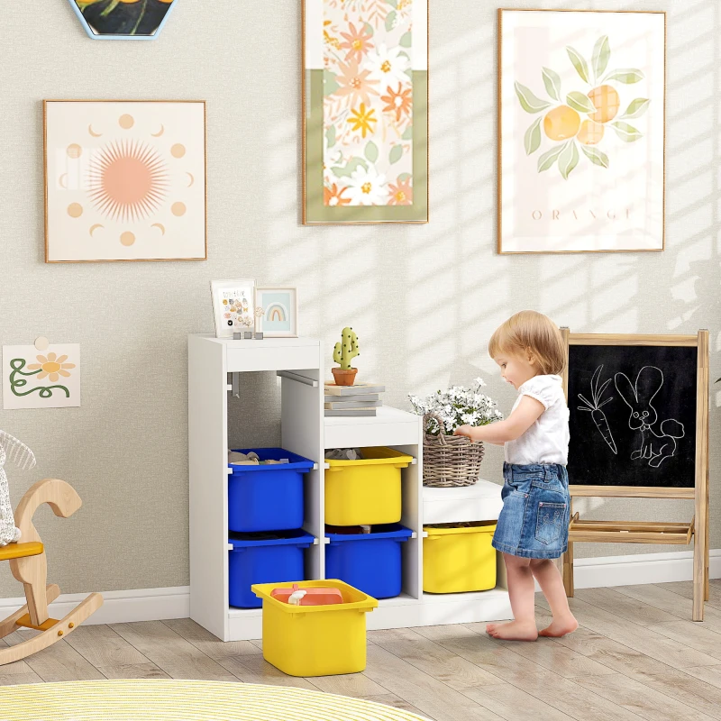 Qaba 3 Layers Toy Storage Organizer Kids Bookshelf Children Toy Storage w/ 6 Plastic Bins, Yellow & Blue