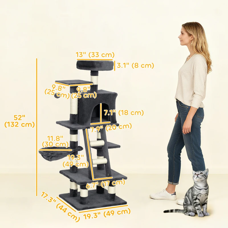 PawHut 52 Inch Large Cat Tree for Indoor Cats, Dark Grey