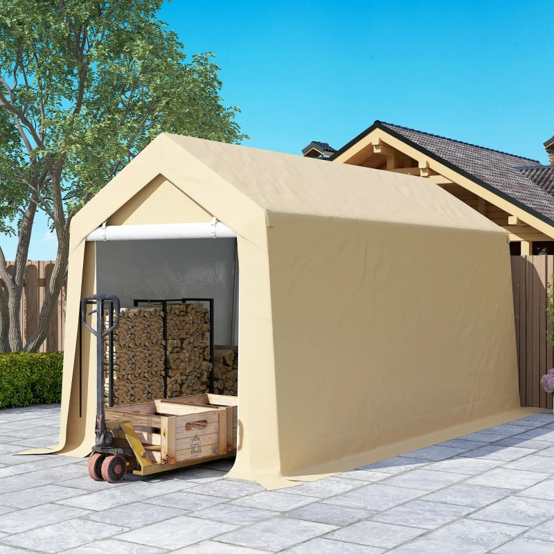 Outsunny 7' x 12' Outdoor Storage Shed Portable Garage with Roll-up Door for Motorcycle, Bike, Garden Tools, Beige