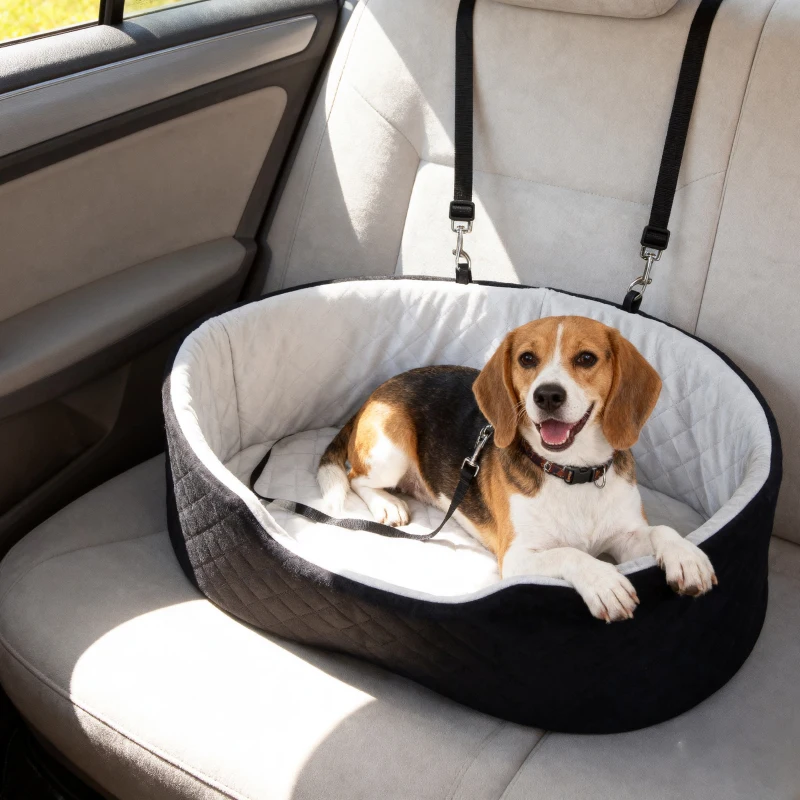 PawHut Dog Car Seat for Small Medium Pets, Detachable Washable Pet Bed with Cushion and Safety Belt for Dog Under 33lbs, Black