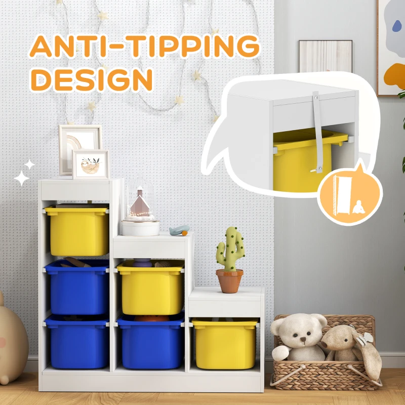 Qaba 3 Layers Toy Storage Organizer Kids Bookshelf Children Toy Storage w/ 6 Plastic Bins, Yellow & Blue