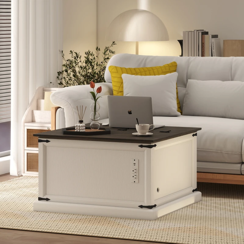 HOMCOM Lift Top Coffee Table with Charging Station, Square Farmhouse Center Table with Hidden Storage, White Wood Grain