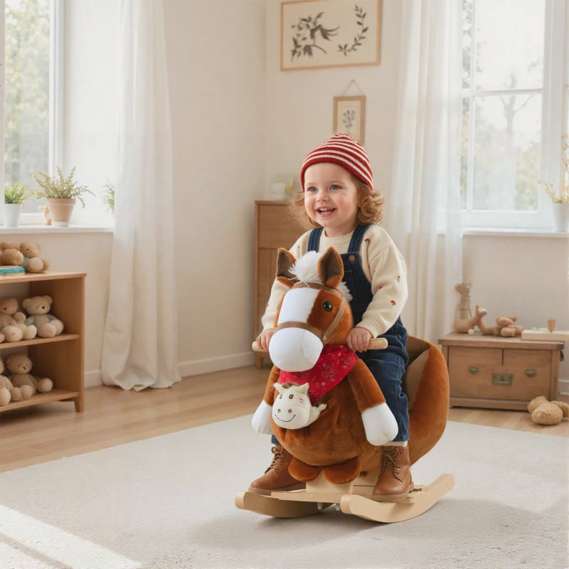 Qaba Kids Ride-On Rocking Horse Toy, Rocker with Lullaby Song, Hand Puppets & Soft Plush Fabric for Children 18-36 Months, Brown