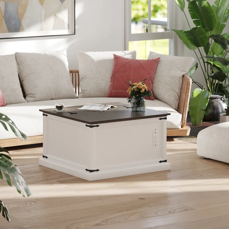HOMCOM Lift Top Coffee Table with Charging Station, Square Farmhouse Center Table with Hidden Storage, White Wood Grain