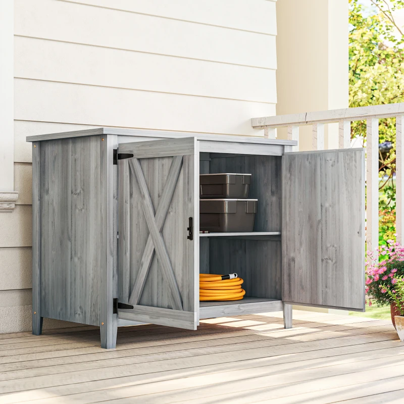 Outsunny Wooden Outdoor Storage Cabinet, Garden Shed Potting Shed with Shelf and Double Doors, Light Grey