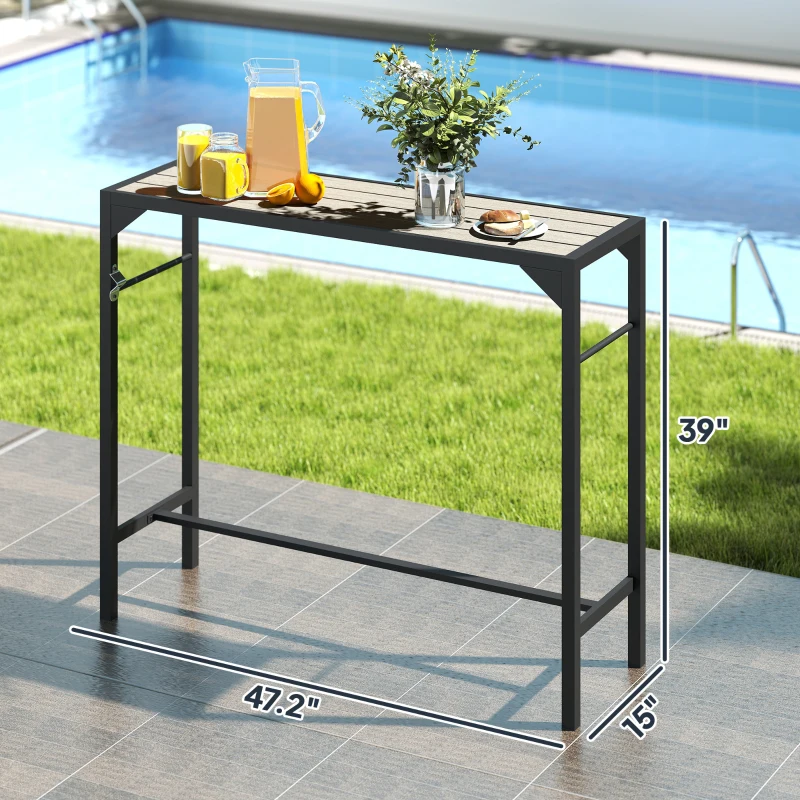 Outsunny Outdoor Bar Table, Bar Height Patio Bar Table w/ Built-In Bottle Opener, Plastic Top with Wood Grain, 47.25" x 15" x 39"