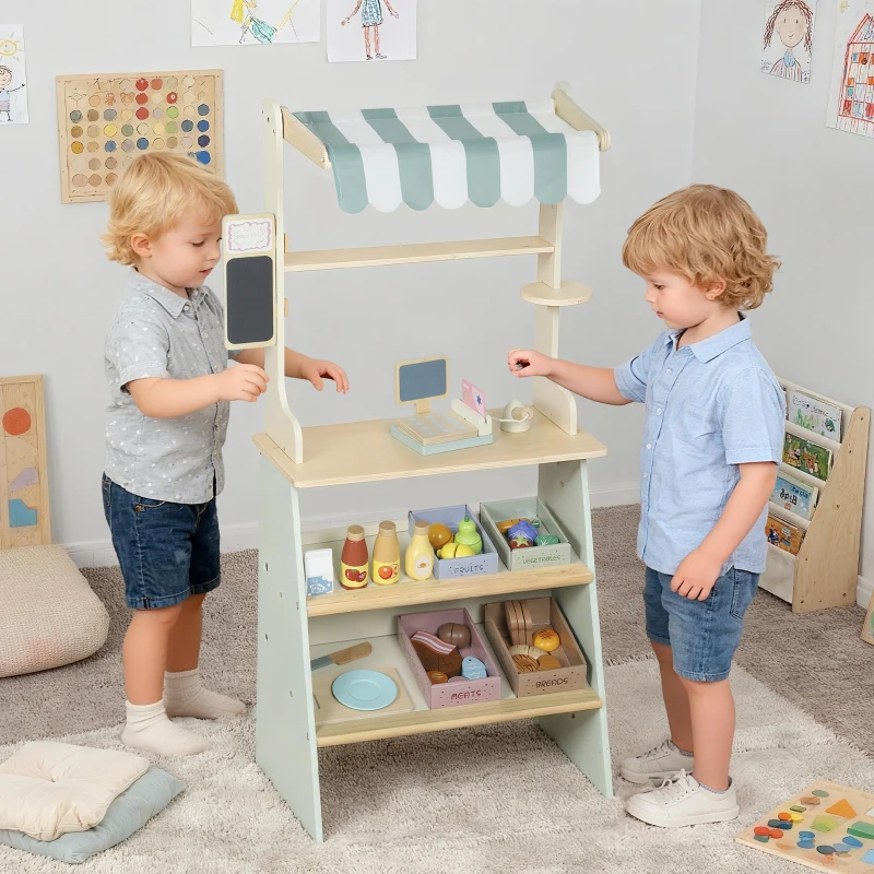 Qaba Kids Grocery Store Playset, Supermarket Toy Set with Cash Register, Chalkboard and Toy Food for Toddler Boys Girls 3+