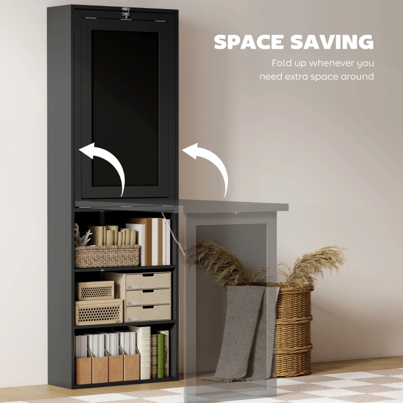 HOMCOM Fold-out Convertible Office Desk, Wall Mount Computer Desk with Blackboard and Side Shelf, Black
