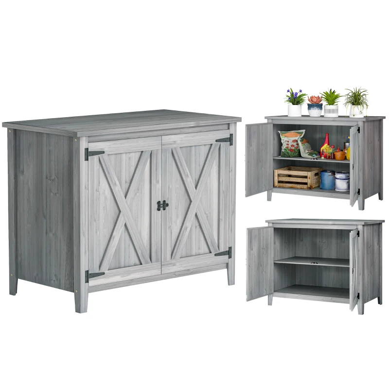 Outsunny Wooden Outdoor Storage Cabinet, Garden Shed Potting Shed with Shelf and Double Doors, Light Grey
