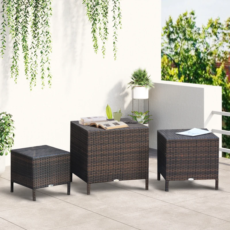 Outsunny Set of 3 Wicker Nesting Tables Patio Rattan Snack End Side Tables Hand Woven All Weather Garden Outdoor Home Furniture Brown