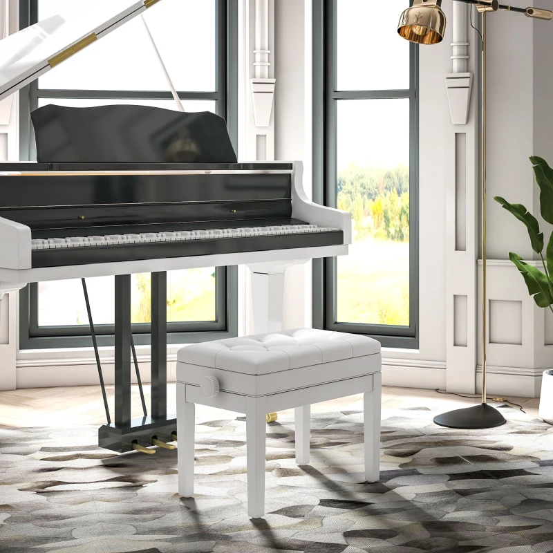 HOMCOM Adjustable Piano Bench with Storage and Soft PU Leather Padded, with Enough Music Storage Design, White