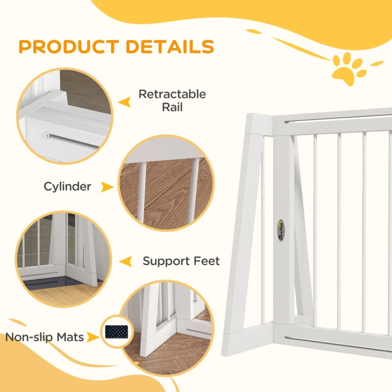 PawHut 28"-75" Freestanding Wooden Pet Gate with Support Feet & Non-Slip Mats for Indoor, Stairway, Doorway, White