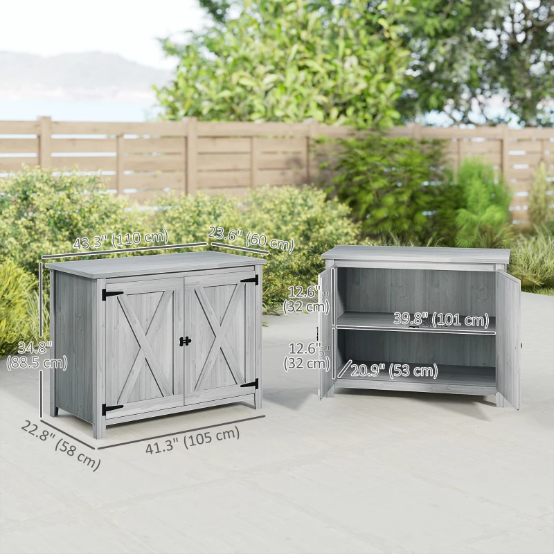 Outsunny Wooden Outdoor Storage Cabinet, Garden Shed Potting Shed with Shelf and Double Doors, Light Grey