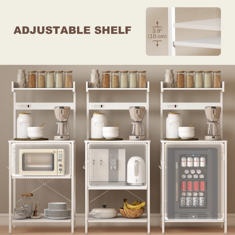 HOMCOM Kitchen Baker's Rack with Power Outlet, Coffee Bar Station with Adjustable Shelves and Hooks, Distressed White
