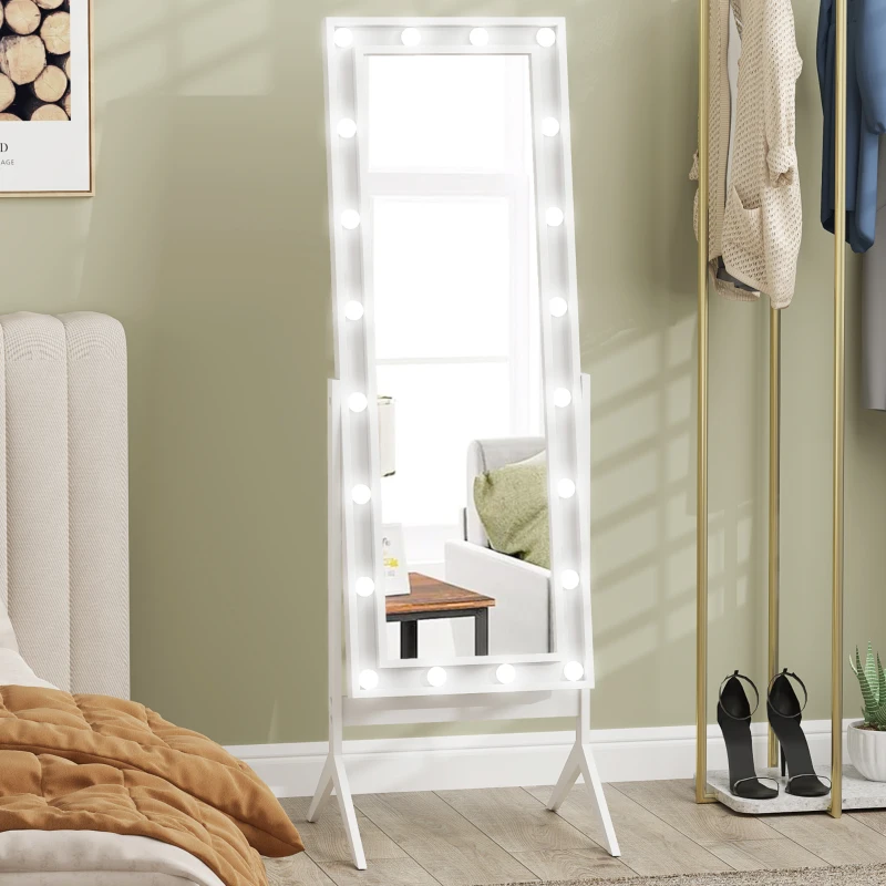 HOMCOM Free Standing Mirror with Lights and Adjustable Angles 60" x 18" Floor Mirror with Frame for Bedroom Living Room, White