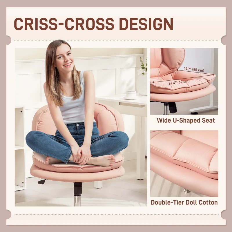 HOMCOM Criss Cross Chair, Swivel Wide Office Chair with Leathaire Upholstery, Tilting, No Arm, Pink