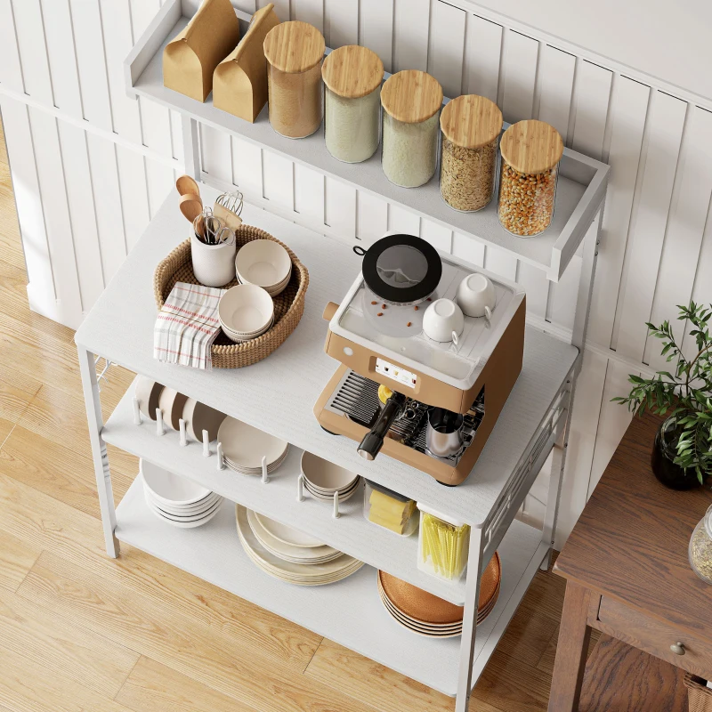 HOMCOM Kitchen Baker's Rack with Power Outlet, Coffee Bar Station with Adjustable Shelves and Hooks, Distressed White