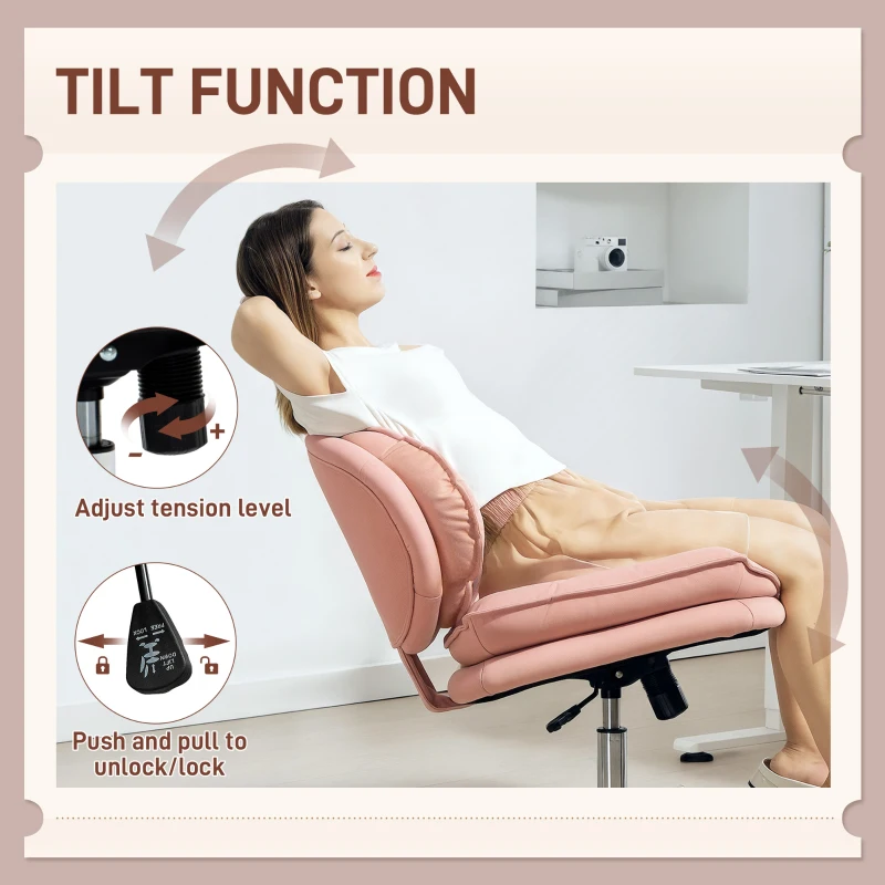 HOMCOM Criss Cross Chair, Armless Wide Office Chair with Leathaire Upholstery, Tilting, No Wheels, Pink
