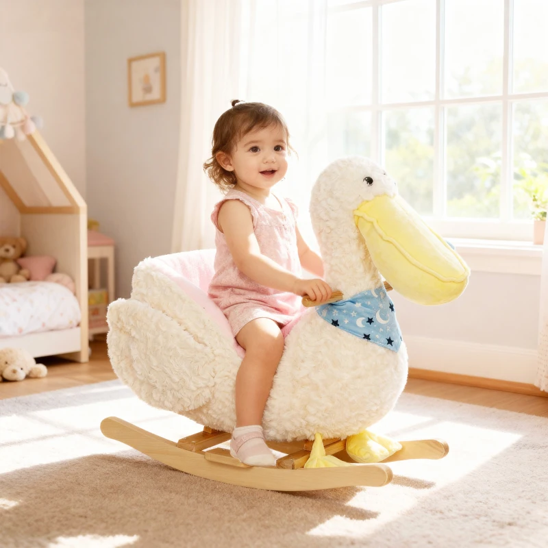 Qaba Baby Rocking Horse, Kids Ride on Pelican Rocking Horse for Toddlers 18–36 Months with Realistic Sound, White