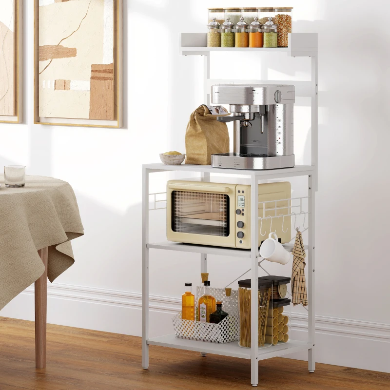 HOMCOM Kitchen Baker's Rack with Power Outlet, Coffee Bar Station with Adjustable Shelves and Hooks, Distressed White
