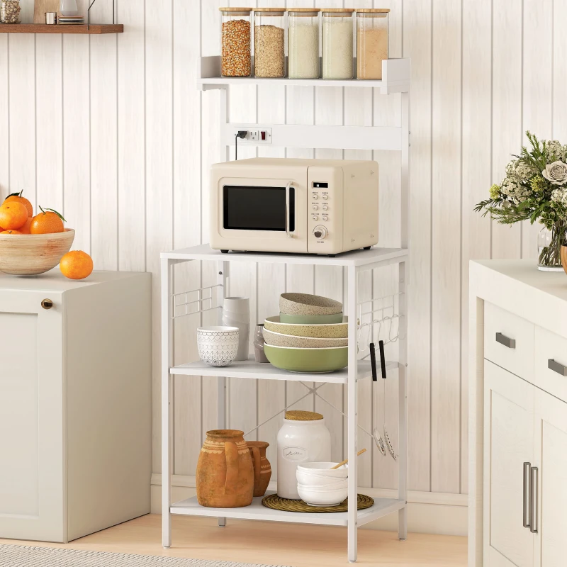 HOMCOM Kitchen Baker's Rack with Power Outlet, Coffee Bar Station with Adjustable Shelves and Hooks, Distressed White
