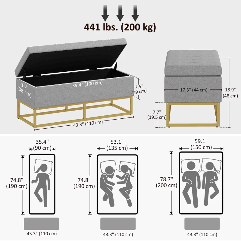 HOMCOM Storage Ottoman with Flip Top, Upholstered Storage Bench, Linen Fabric Footstool with Steel Legs for Living Room, Bedroom, Beige