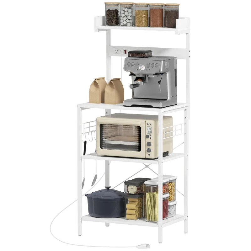 HOMCOM Kitchen Baker's Rack with Power Outlet, Coffee Bar Station with Adjustable Shelves and Hooks, Distressed White