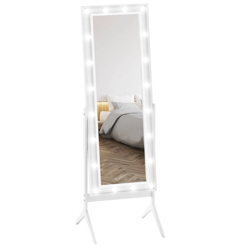 HOMCOM Free Standing Mirror with Lights and Adjustable Angles 60" x 18" Floor Mirror with Frame for Bedroom Living Room, White