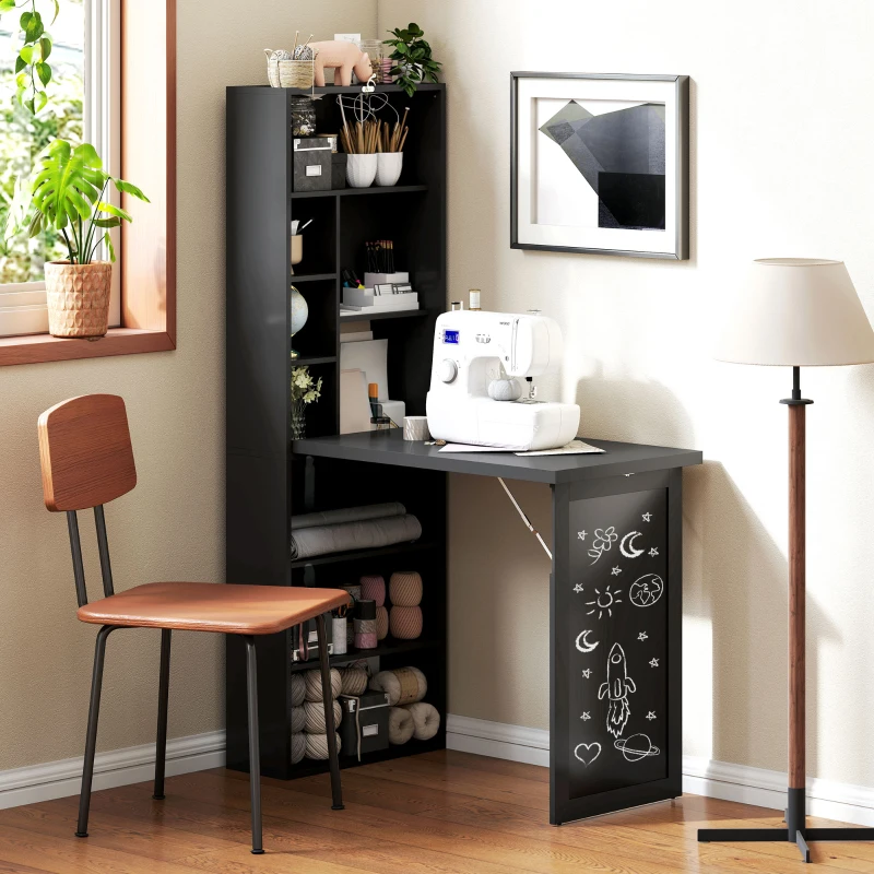 HOMCOM Fold-out Convertible Office Desk, Wall Mount Computer Desk with Blackboard and Side Shelf, Black