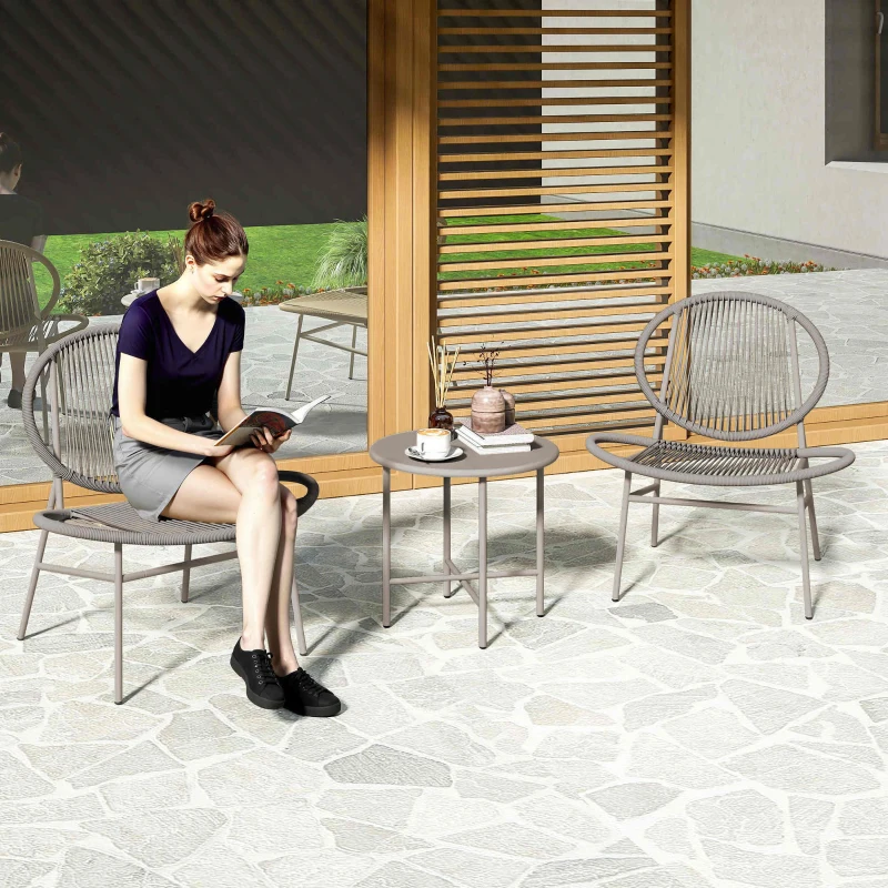 Outsunny Rattan Bistro Set, 3 Pieces Wicker Patio Furniture Set, Acapulco Chairs and Steel Table for Porch, Balcony, Light Grey