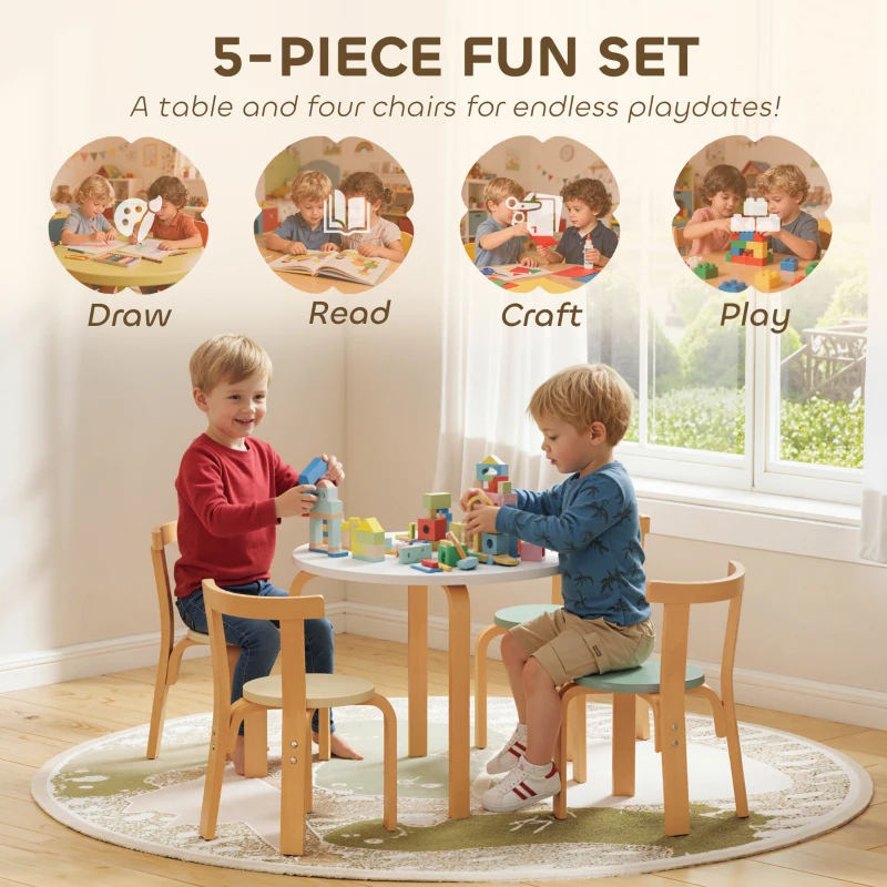 Qaba Wooden Kids Table and Chairs Set, 5 Piece Wooden Toddler Table and Chairs Set for Ages 3-8 Years, Green