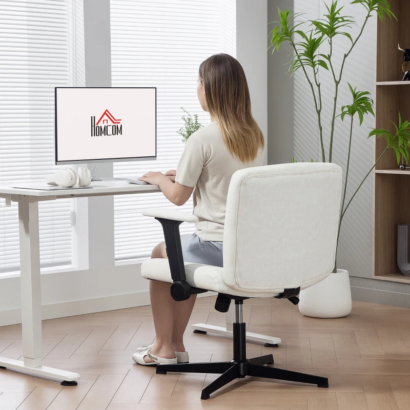 HOMCOM Criss Cross Chair with Flip-up Armrests, Wide Office Chair with Adjustable Height, Tilting, No Wheels, Beige