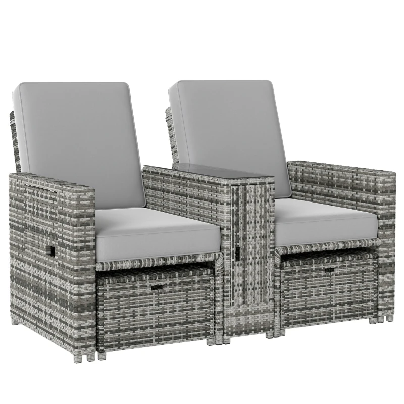 Outsunny 5PC Wicker Patio Lounger, Outdoor PE Rattan 5-level Adjustable Recliner Sofa Bed with Storage Side Table and Footstools, for Patio, Garden, Poolside, Grey