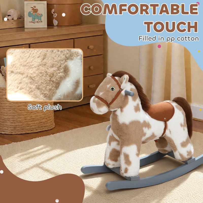Qaba Rocking Horse, Kids Plush Horse Rocker with Rabbit Toy and Realistic Sound for Toddlers 2–5 Years Old, Brown