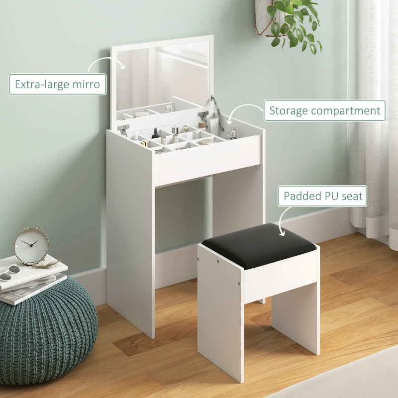 HOMCOM Modern Vanity Set with Makeup Table and Cushioned Stool, Dressing Table with Flip Top and Mirror for Bedroom, White