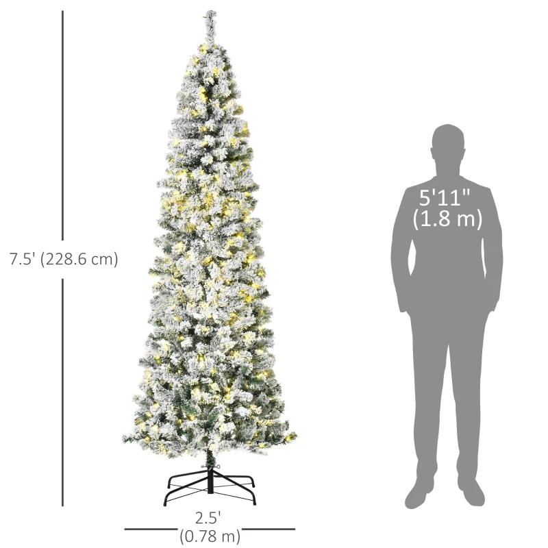 HOMCOM 7.5ft Christmas Tree Artificial Snow Flocked Christmas Tree with Warm White LED Light, Holiday Home Xmas Decoration, Green White