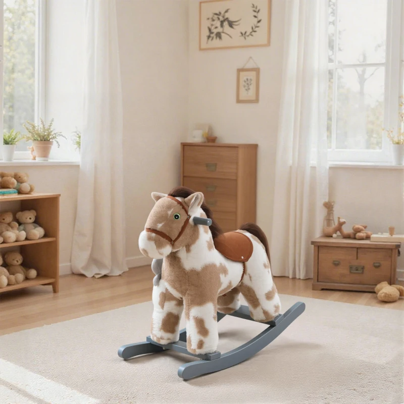 Qaba Rocking Horse, Kids Plush Horse Rocker with Rabbit Toy and Realistic Sound for Toddlers 2–5 Years Old, Brown