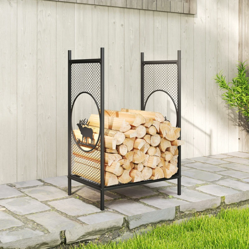 Outsunny Firewood Rack Outdoor, 19" Heavy Duty Metal Fireplace Log Holder with Mesh Sides and Decorative Deer Patterns