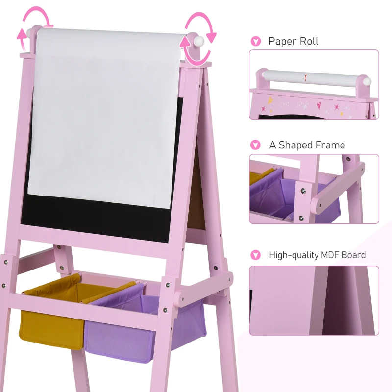 Qaba 3 In 1 Kids Wooden Art Easel with Paper Roll, Double-Sided, Chalkboard & Whiteboard, Storage Baskets, Pink