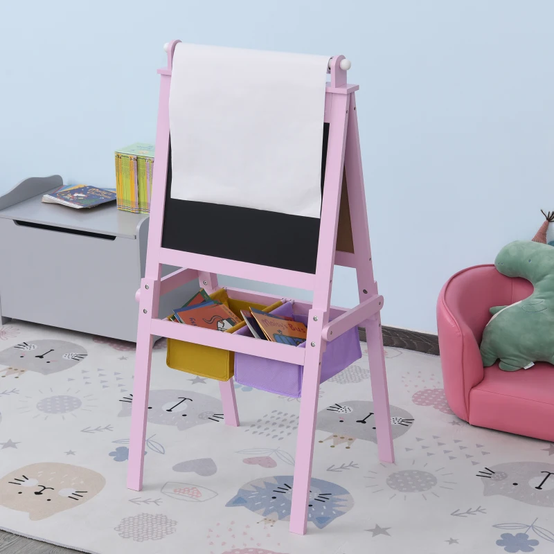 Qaba 3 In 1 Kids Wooden Art Easel with Paper Roll, Double-Sided, Chalkboard & Whiteboard, Storage Baskets, Pink