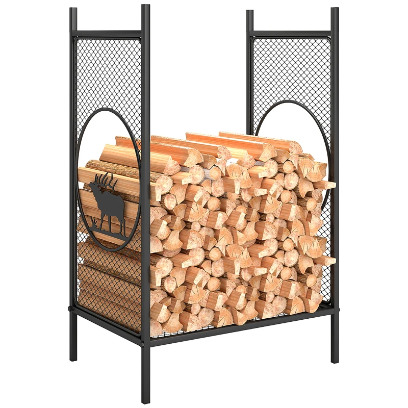 Outsunny Firewood Rack Outdoor, 19" Heavy Duty Metal Fireplace Log Holder with Mesh Sides and Decorative Deer Patterns